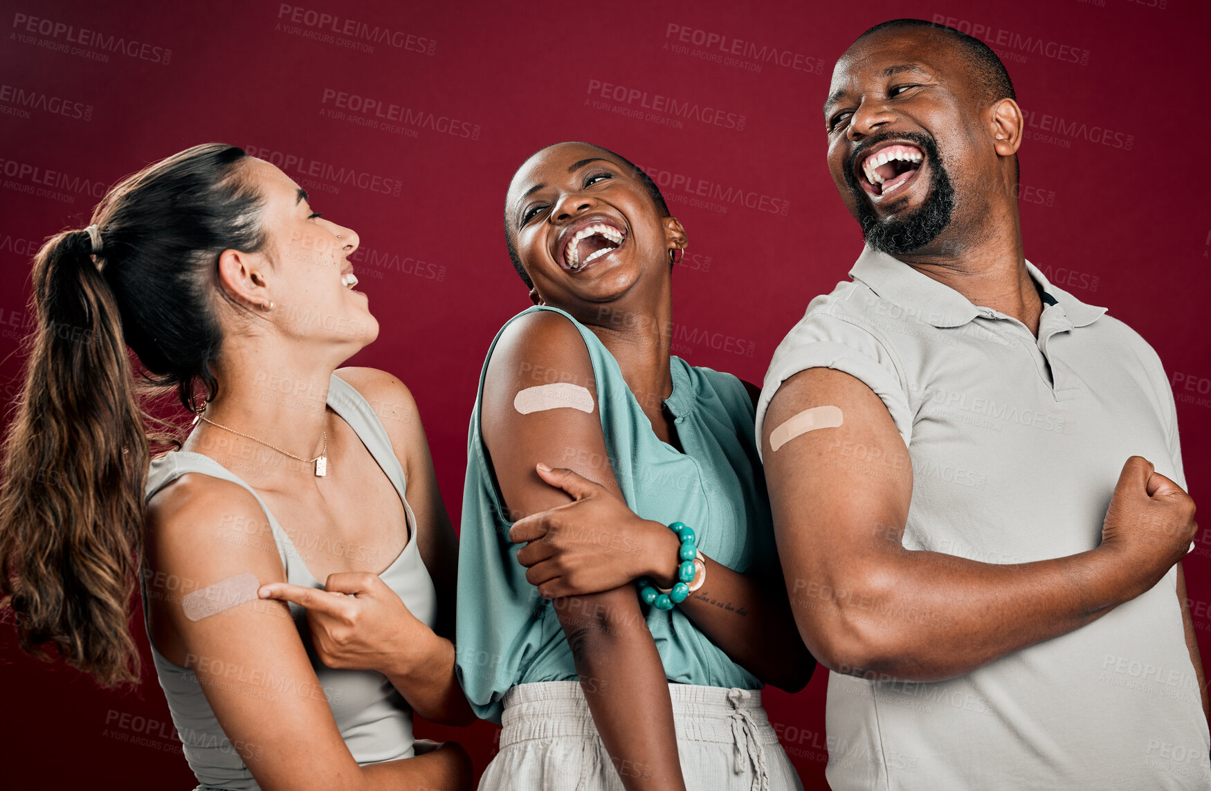 Buy stock photo People, friends and happy in studio background with plaster for vaccination and protection. Diversity, smile and satisfied for healthcare with bandage for virus immunity, treatment and prevention