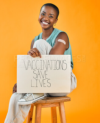 Buy stock photo Poster, plaster and smile with portrait of black woman in studio on background for healthcare or medical. Happy, pandemic and vaccination saves lives sign with person for support or wellness