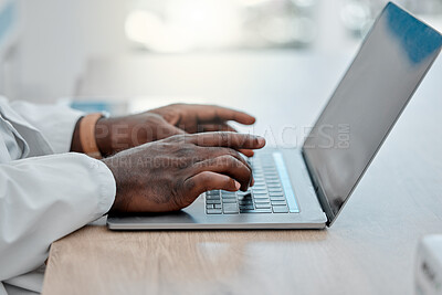 Buy stock photo Hands, laptop and typing with doctor in office at hospital for email communication of diagnosis or results. Computer, healthcare and medical with medicine professional at desk in clinic for feedback