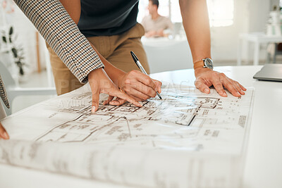 Buy stock photo Hands, blueprint and architect with document, writing and sketch in office with notes, planning or teamwork. People, design and drawing with floor plan, paperwork and review for property project