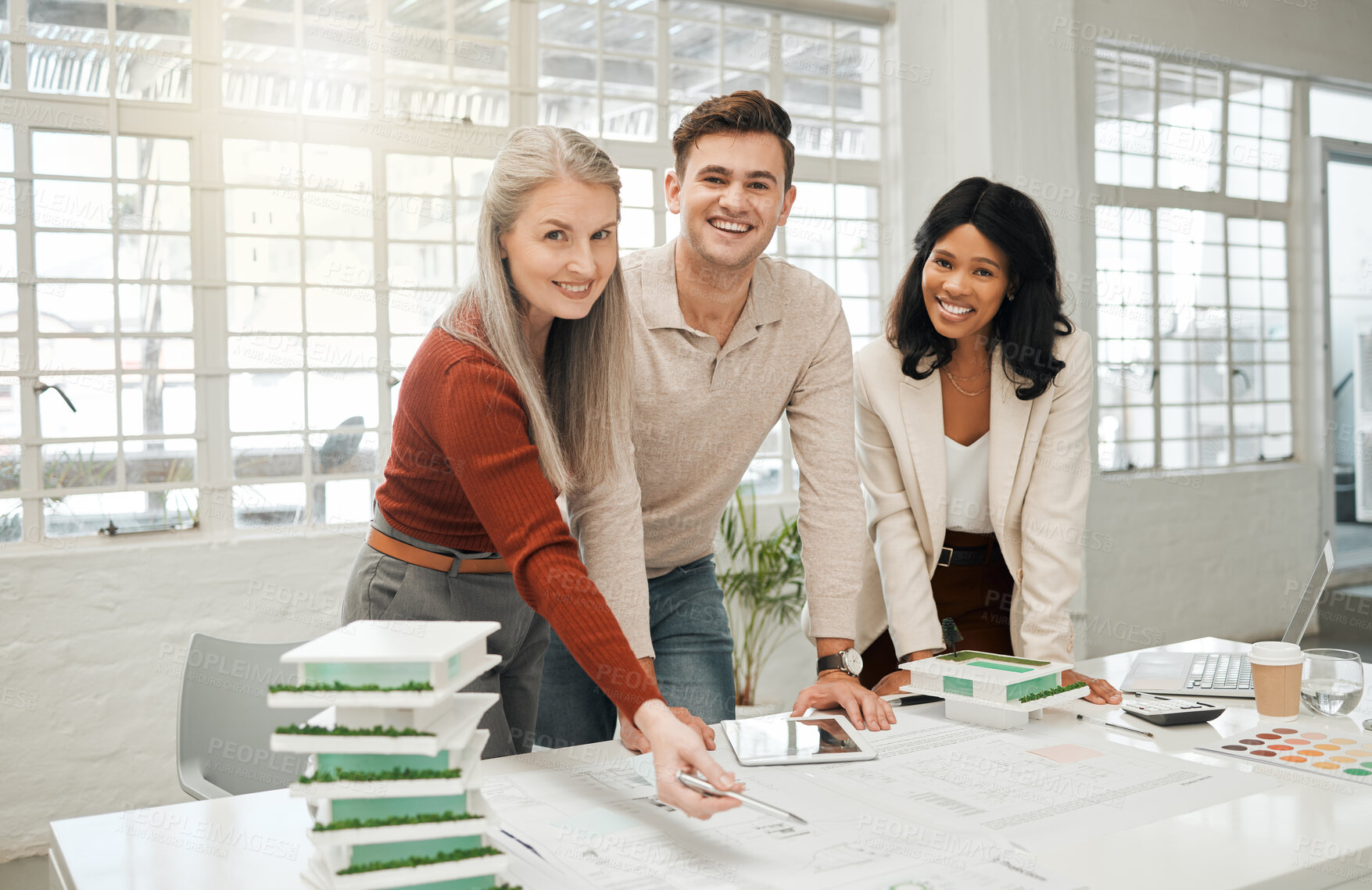 Buy stock photo Blueprint, portrait and smile with architect people in office together for building or construction. Documents, model or tablet with man and woman property developer team in workplace for planning