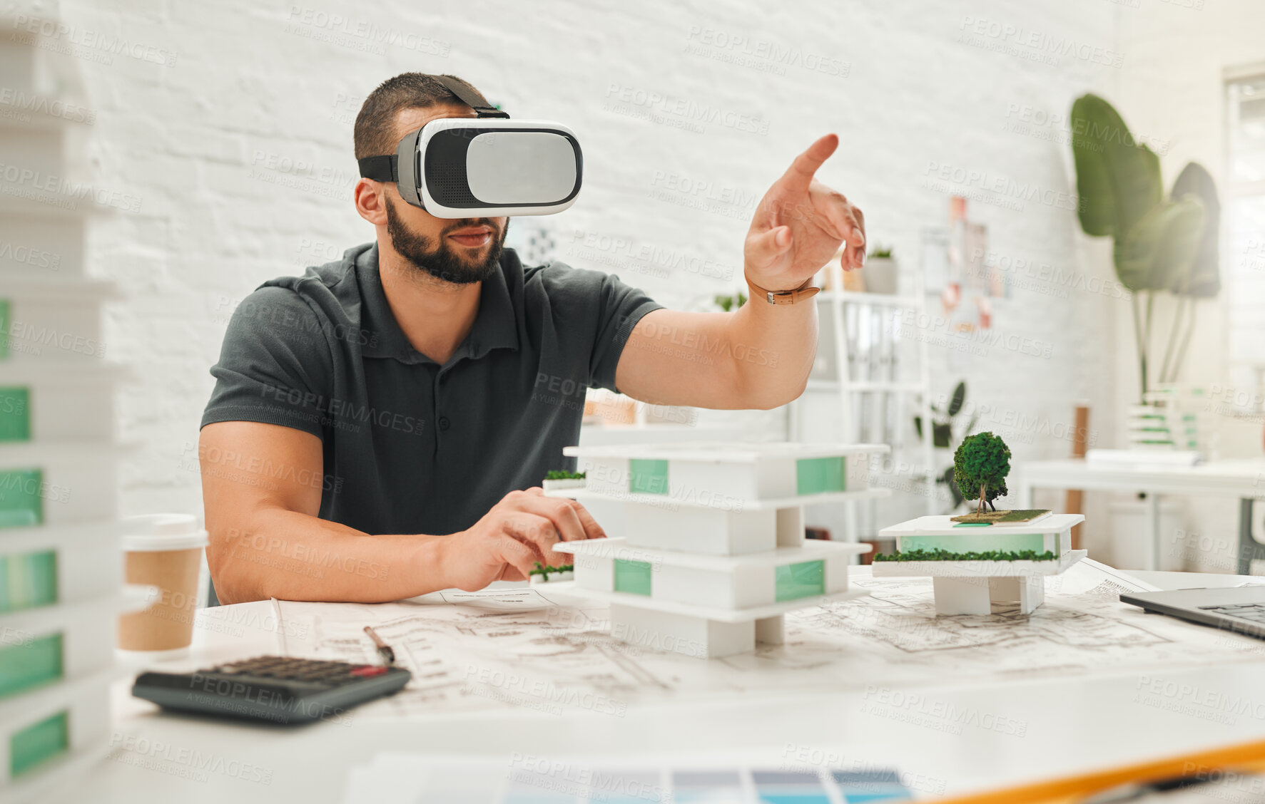 Buy stock photo Businessman, architect and vr headset in office for building design, architecture game and ai construction. Worker, 3D simulation and planning for property metaverse, review renovation and innovation