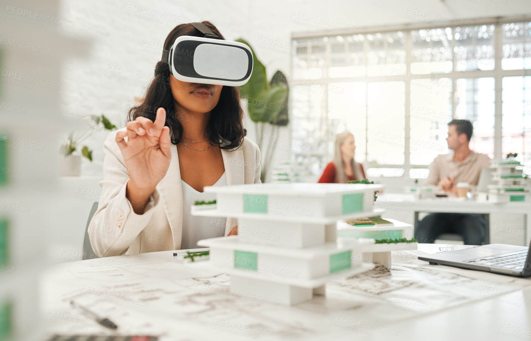 Buy stock photo Architect, woman and vr headset in office for building design, architecture game and ai construction. Female person, 3D simulation and planning of property metaverse, review renovation and innovation