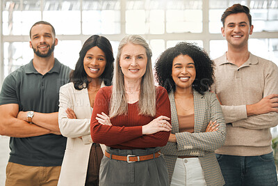 Buy stock photo Business people, portrait and arms crossed in office for creativity, leadership and teamwork. Employees, group united and workplace for collaboration pride, media agency and manager for diversity