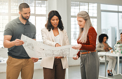 Buy stock photo Office, planning and business people with blueprint for architecture, discussion and project management. Teamwork, employees and architect staff with solution for floor plan, building design or ideas