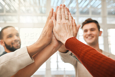 Buy stock photo Business people, high five and office to celebrate goals, motivation and collaboration success. Employees, team building and colleagues in workplace for cooperation, support staff and mission meeting