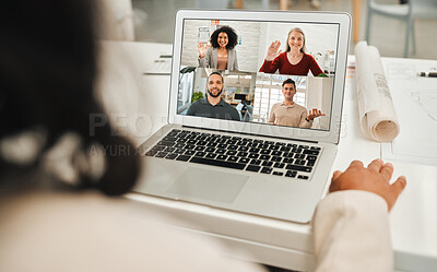 Buy stock photo Person, laptop screen and video call in office for design, architecture and virtual collaboration. Architect team, computer or wave in private agency for project management, online seminar or meeting