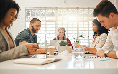 Buy stock photo Teamwork, architecture firm and business people in meeting, brainstorming and feedback for project. Employees, group and coworkers in modern office, collaboration and review for proposal deadline