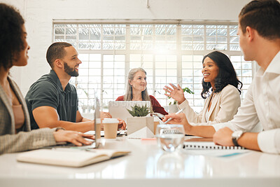 Buy stock photo Teamwork, architecture firm and business people in meeting, planning and feedback for project. Employees, group and coworkers in office, cooperation and review for proposal deadline and engineering