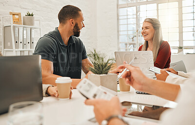 Buy stock photo Business people, laughing and meeting with team for project planning, social or humor at office. Man, woman or creative employees with smile for comedy, funny joke or discussion together at workplace