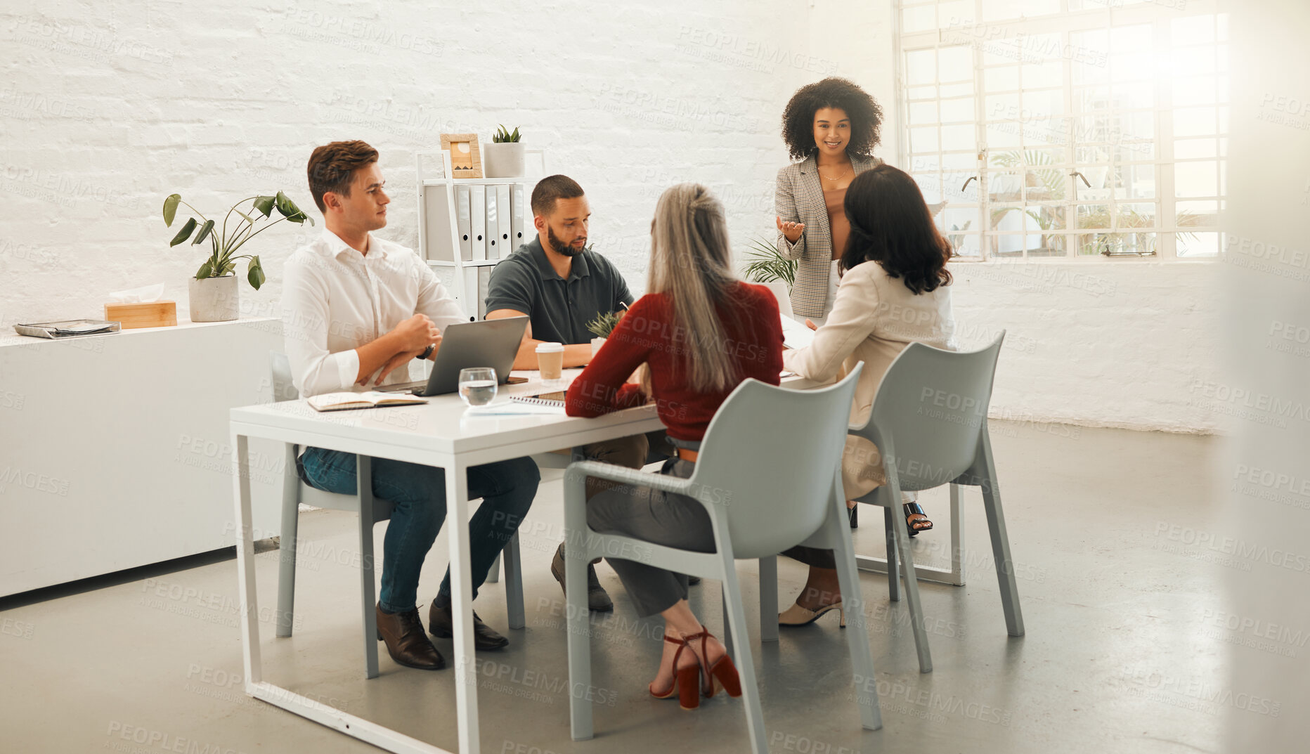 Buy stock photo Office, business people and woman with discussion in meeting, planning and process for publication. Boardroom, collaboration and editor in newsroom for news ideas, article pitch and journalist team