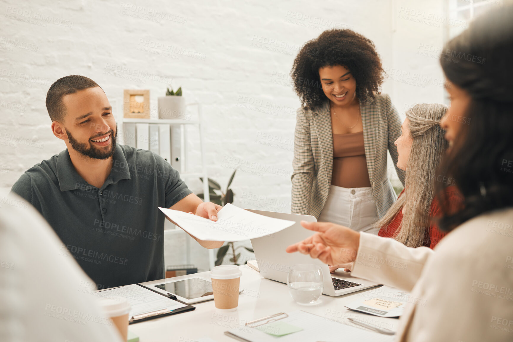 Buy stock photo Happy, business people or meeting with documents for offer, project or contract at office. Man, woman or creative employees with smile or paperwork for report, task or career opportunity at workplace