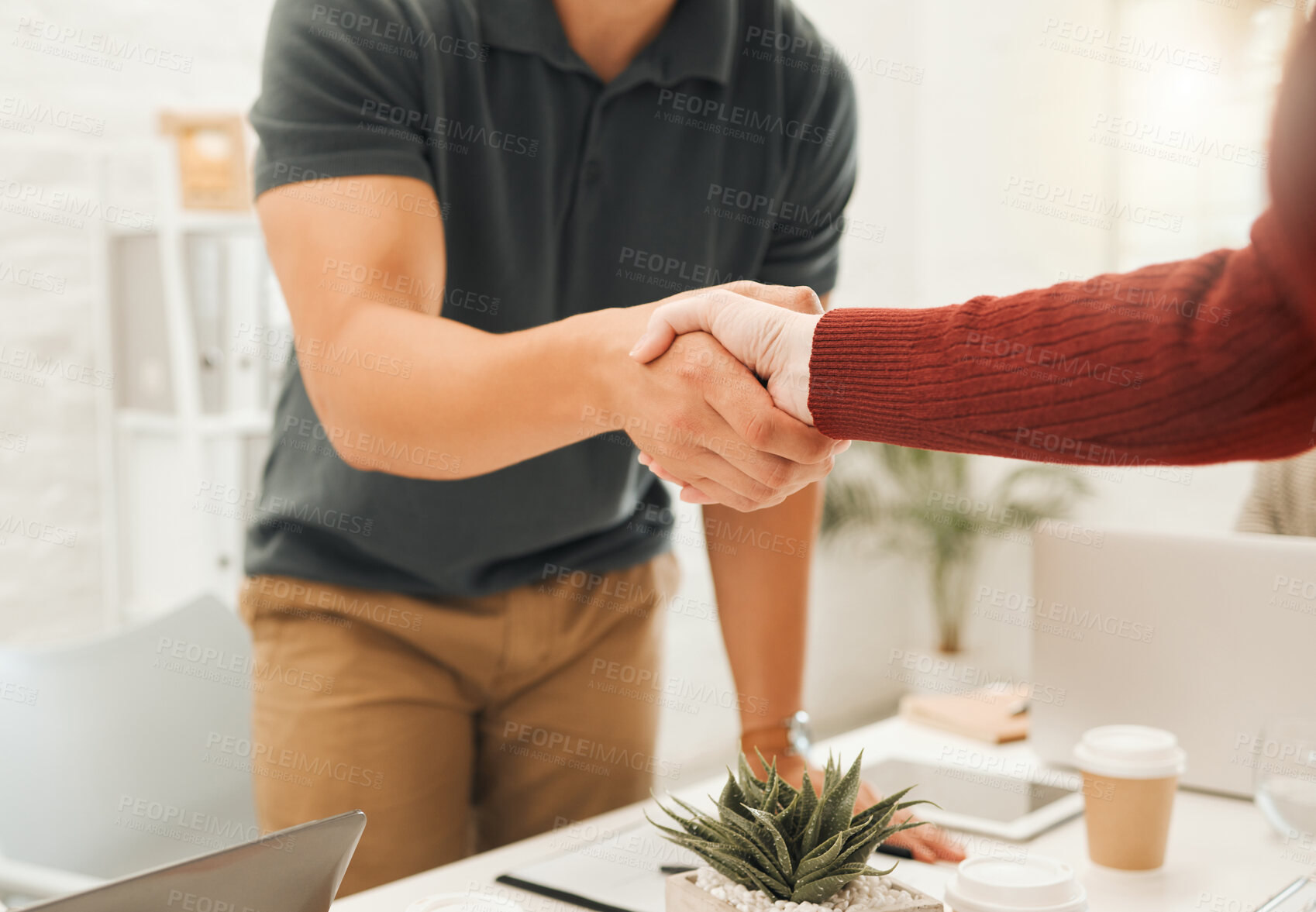 Buy stock photo Business people, meeting and handshake with partnership for recruiting, agreement or deal at office. Closeup, employees or colleagues shaking hands for greeting, hiring or introduction at workplace