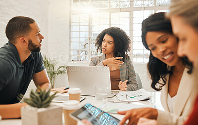 Buy stock photo Teamwork, architecture firm and business people in meeting, laptop and feedback for project. Employees, group and brainstorming in office, collaboration and review for proposal deadline and research