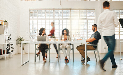 Buy stock photo Boardroom, busy and project management with business people in office for creative occupation. Collaboration, motion blur and walking with employee team in workplace for design or development