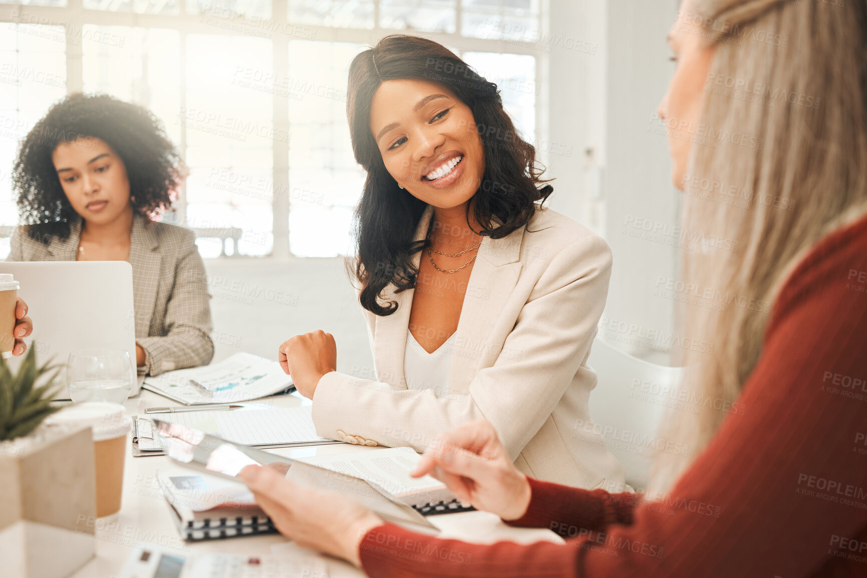 Buy stock photo Happy, business women and meeting with documents for project discussion, planning or collaboration at office. Female people, employees or colleagues with smile for proposal or ideas at workplace