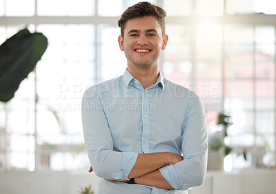 Buy stock photo Business man, portrait and architect with arms crossed, confidence and smile in office. Professional, employee and career pride at architecture firm with working, about us and opportunity at agency