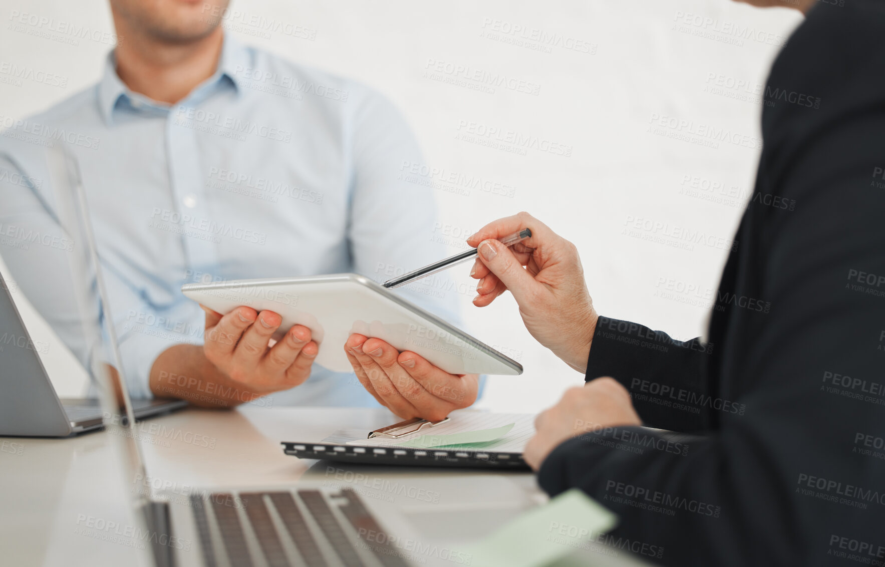 Buy stock photo People, tablet and hands in office for meeting, problem solving and planning budget in company. Team, tech and pointing in workplace for opinion, finance advice or brainstorming productivity at paper