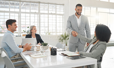 Buy stock photo Meeting, business people and group shaking hands for welcome, greeting and introduction in office. Sales team, smile and handshake for partnership agreement, b2b contract or thank you for cooperation