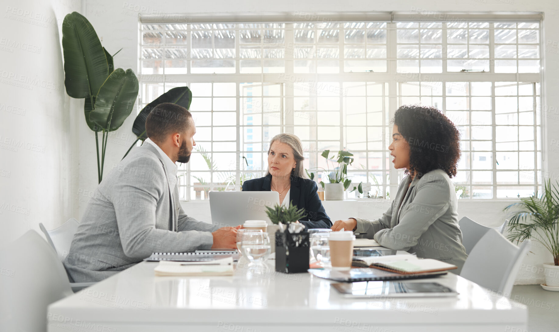 Buy stock photo Office, teamwork and business people with planning in meeting, discussion and case review in law firm. Employees, lawyers and mentor with listening for justice updates, corporate project and ideas