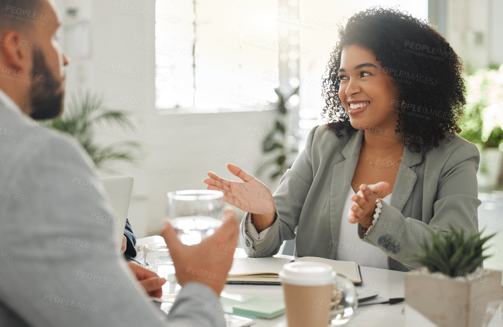 Buy stock photo Woman, smile and team in office for business meeting, brainstorming and project proposal for company growth. People, discussion and idea in startup for collaboration, funding pitch and planning