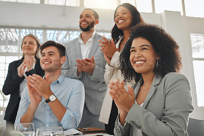 Buy stock photo Business people, achievement and applause in promotion, announcement or office negotiation success. Group of employees, clapping and celebration for partnership, prize or workplace contract goal