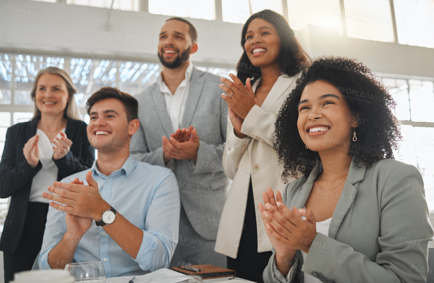 Buy stock photo Business people, celebration and applause in promotion, announcement or office negotiation success. Group of employees, clapping and achievement for partnership, prize or workplace contract goal