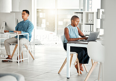 Buy stock photo People, tech and typing in office for business, research and productivity in coworking space. Man, woman and computer in accountant firm for finance management, connectivity and company development