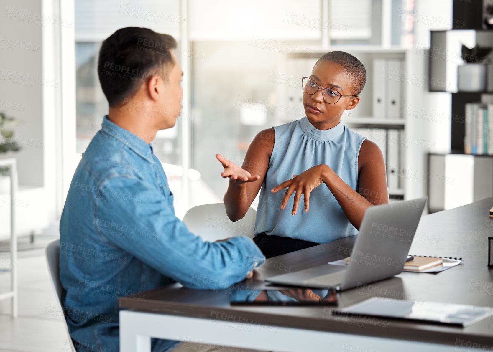 Buy stock photo Meeting, laptop and business people in office for teamwork with finance revenue report for client. Discussion, computer and financial advisors planning investment with capital gain for company.