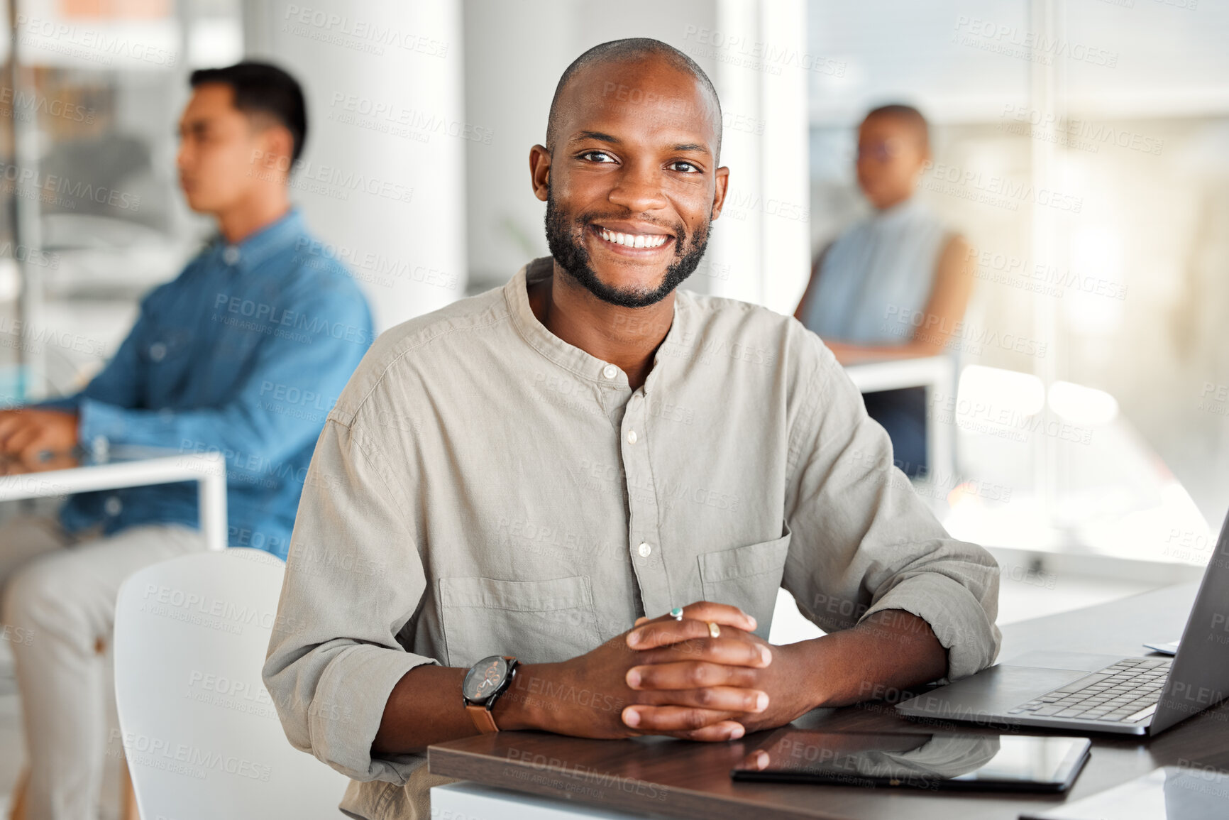 Buy stock photo Portrait, smile and man in office, laptop and confident for email campaigns, copywriter and employee. Proud, happy and person with computer for web content, digital and creative with ads for business