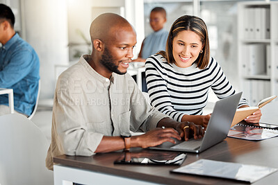 Buy stock photo Office, man and woman at laptop for review, ideas and collaboration together in coworking space. Online report, article and business people at digital agency for meeting, teamwork and web planning