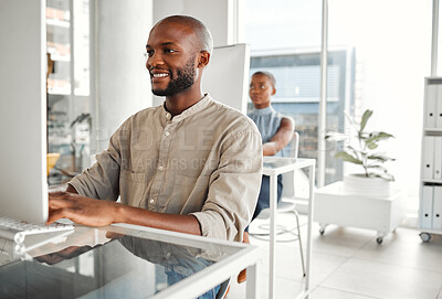 Buy stock photo Office, happy and man with computer at desk for information technology, server and system update. Programming, business and developer with tech at work for backend development, testing and debugging