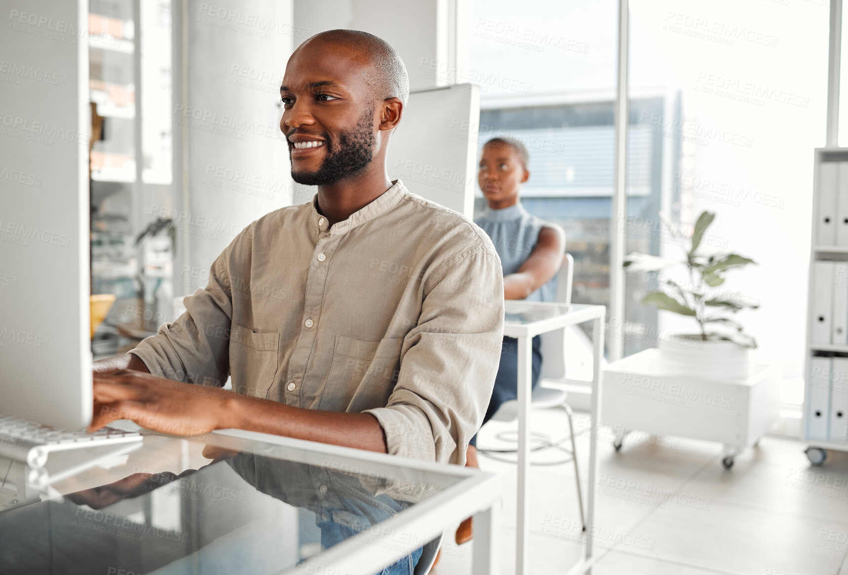 Buy stock photo Office, happy and man with computer at desk for information technology, server and system update. Programming, business and developer with tech at work for backend development, testing and debugging