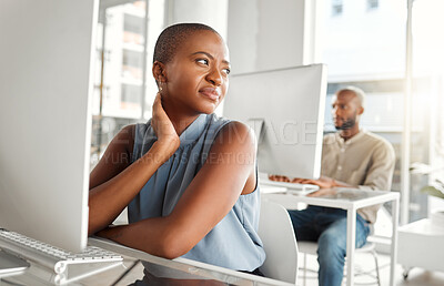 Buy stock photo Thinking, business and woman with shoulder pain in office for deadline failure, burnout pressure and medical. Girl, neck strain and computer with fatigue, muscle injury and stress for project mistake