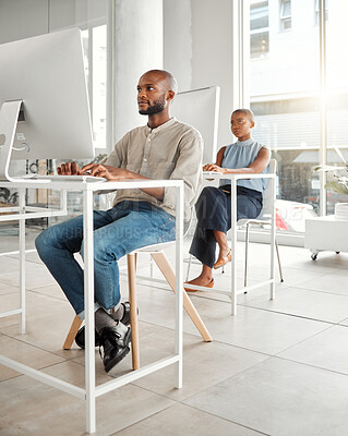 Buy stock photo Typing, serious and black man in office, computer and confident for email campaign, copywriter and employee. Planning, online and ideas for content creation, digital or creative with ads for business