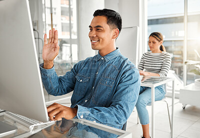 Buy stock photo Happy man, wave and video call with computer for virtual meeting, greeting or communication at office. Young, male person or friendly consultant talking with smile for online chat or app at workplace