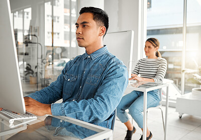 Buy stock photo Office, business and man with computer at desk for information technology, server and system update. Programming, company and developer with tech at work for backend development, testing or debugging