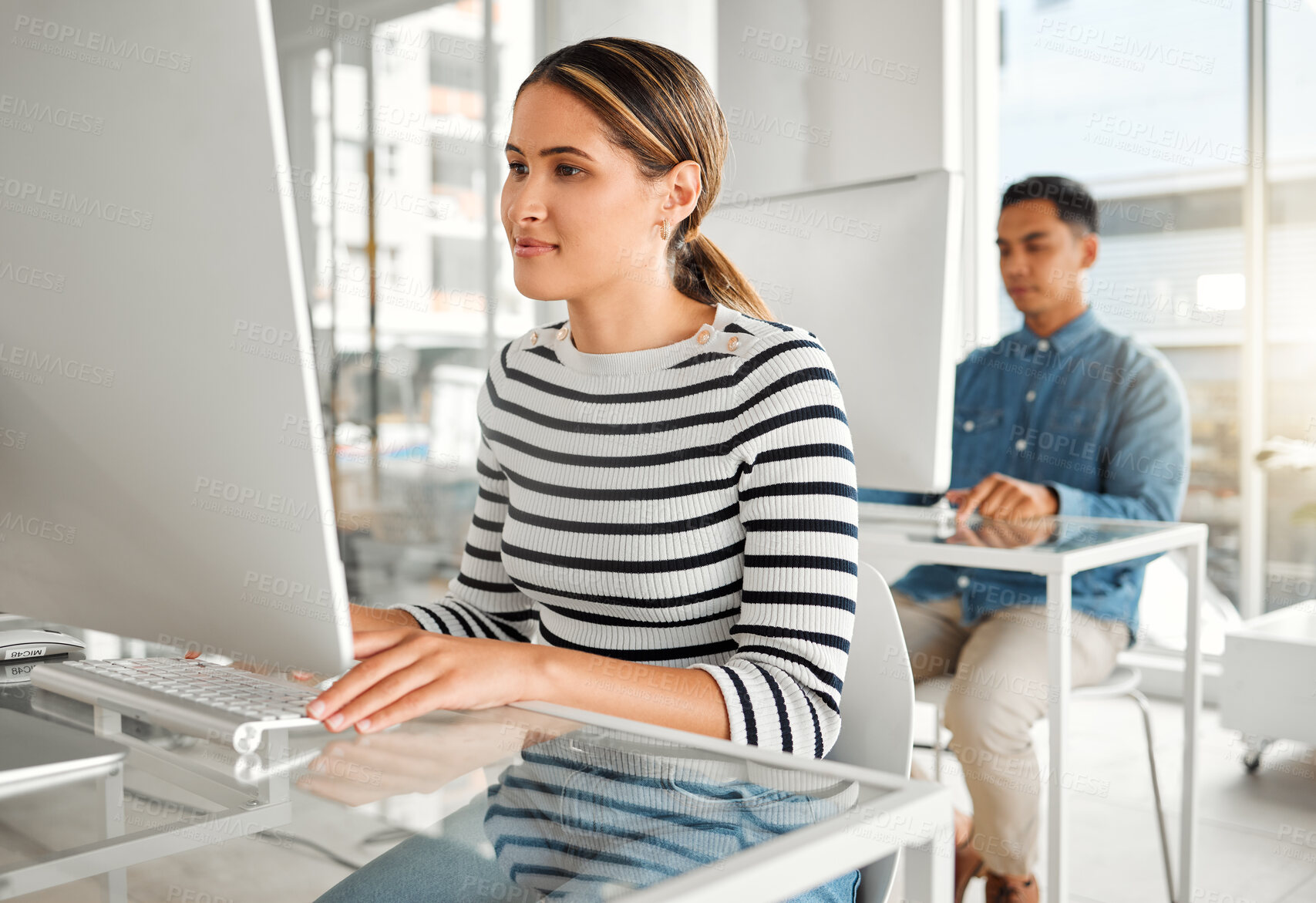 Buy stock photo Creative, office and woman with computer at desk for information technology, server and update. Programming, business and developer with monitor for backend development, testing and system debugging