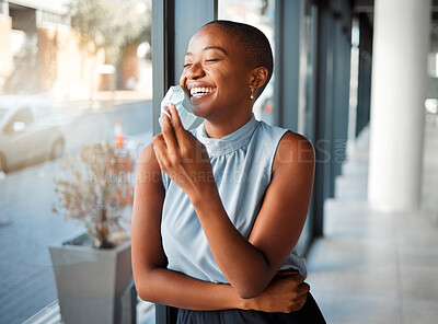 Buy stock photo African woman, happy and face mask for health, pandemic or wellness as awareness or safety. Female person, protection and illness prevention with ppe in office building for disease, virus or bacteria