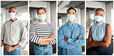 Buy stock photo Collage, people and face mask in portrait for health, pandemic or wellness as awareness or safety. Group, composite and diversity with arms crossed, ppe and office for disease, virus and bacteria