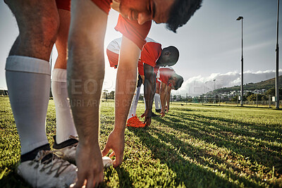 Buy stock photo Soccer field, sports men and stretching legs on outdoor sports stadium grass for training, exercise and fitness workout. Football group athletes warm up body on pitch for competition game performance