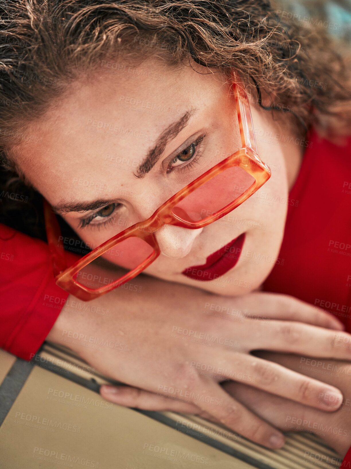 Buy stock photo Face, fashion and sunglasses with a woman hipster relaxing closeup with trendy style for thinking. Summer, idea and outdoors with a young female person in eyewear looking bored while waiting alone