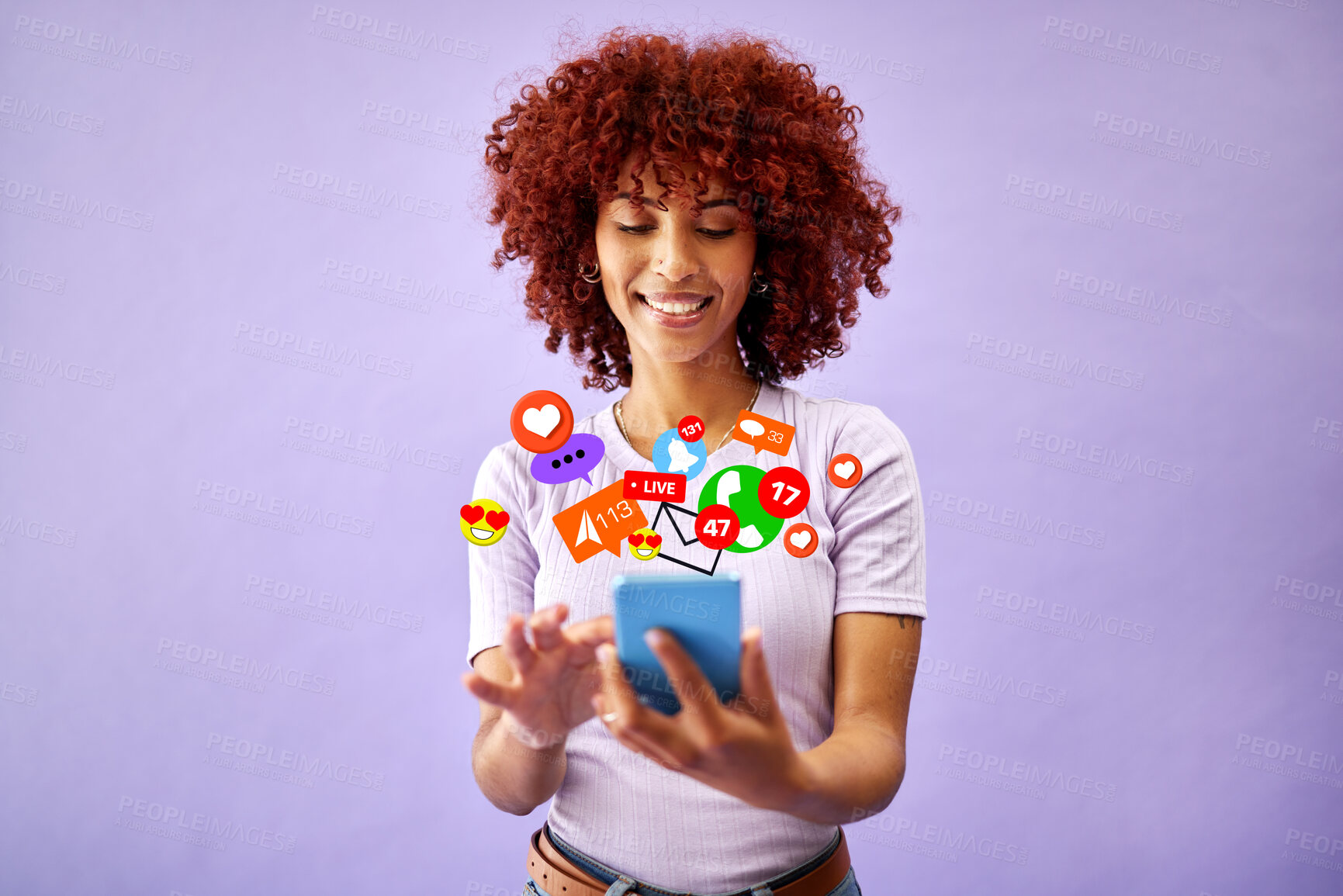 Buy stock photo Smile, chat and a woman with a phone for social media, networking or digital marketing. Happy, reaction and a girl reading on a mobile with a notification icon on a purple background for an app