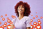 Portrait of happy woman with social media like emoji in studio to love, subscribe and review. Smile, face and girl on purple background with notification icon for vote, opinion and networking online.