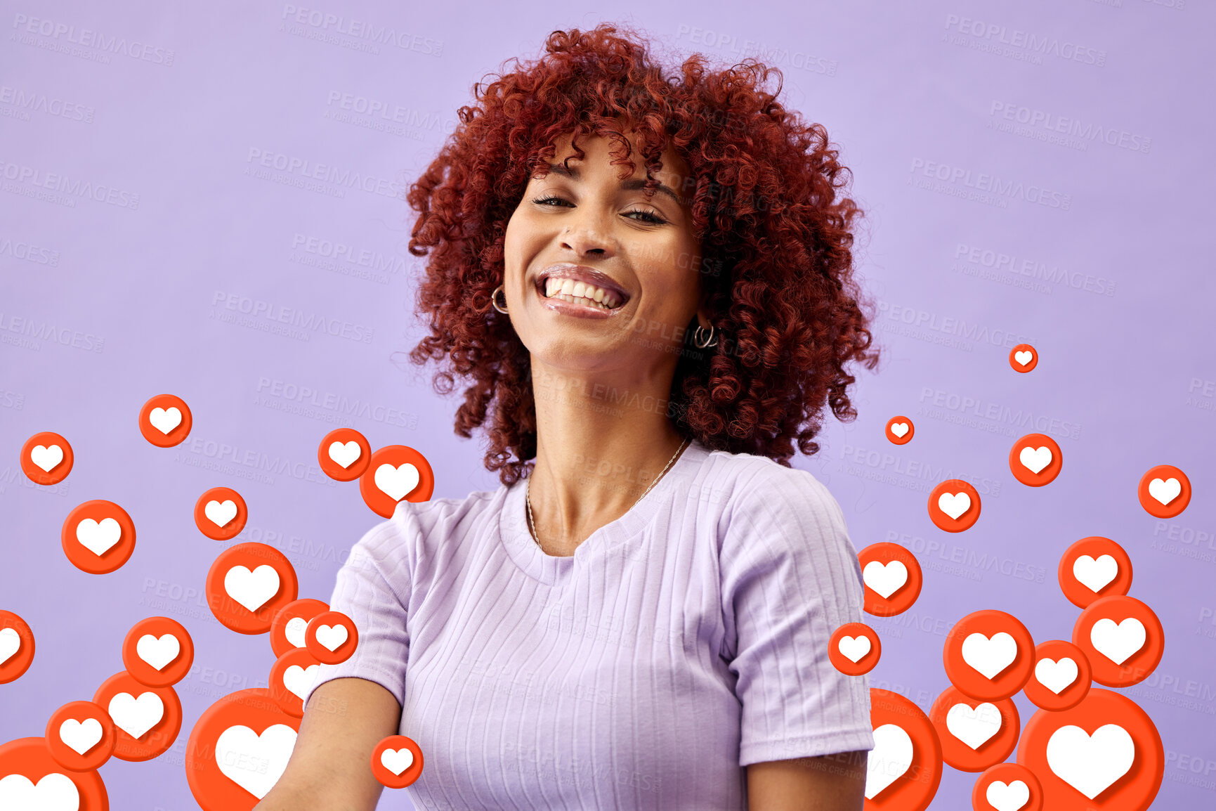 Buy stock photo Portrait of happy woman with social media like emoji in studio to love, subscribe and review. Smile, face and girl on purple background with notification icon for vote, opinion and networking online.