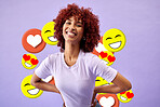 Influencer, portrait of woman with smile and emoji in studio to like, subscribe and review on post. Happy, face and streamer girl on purple background with notification icon opinion on social media.