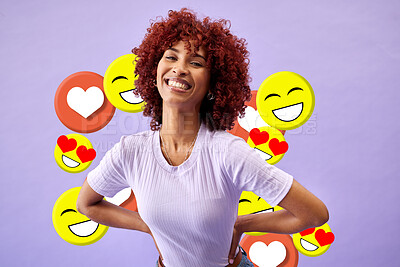 Buy stock photo Influencer, portrait of woman with smile and emoji in studio to like, subscribe and review on post. Happy, face and streamer girl on purple background with notification icon opinion on social media.