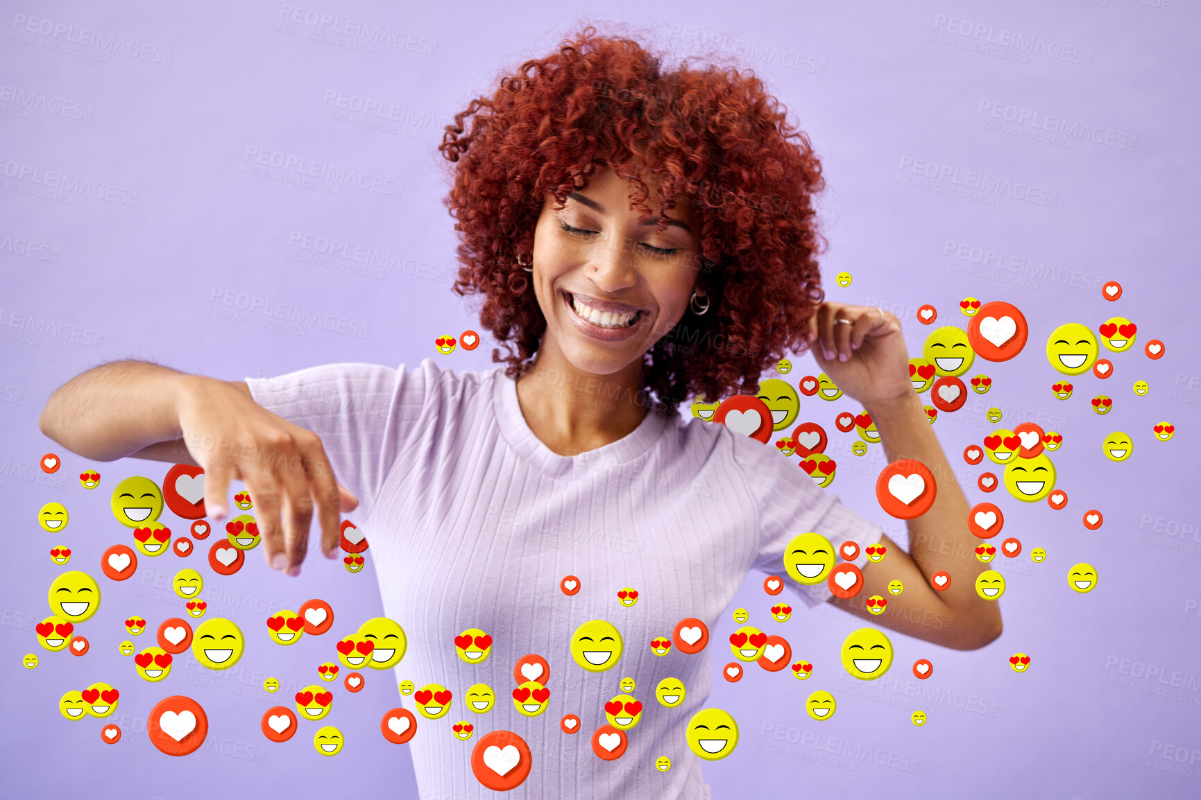 Buy stock photo Happy woman, content creator and social media emoji in studio to like, subscribe and review online. Smile, face and streamer girl on purple background with notification icon for vote, opinion and app