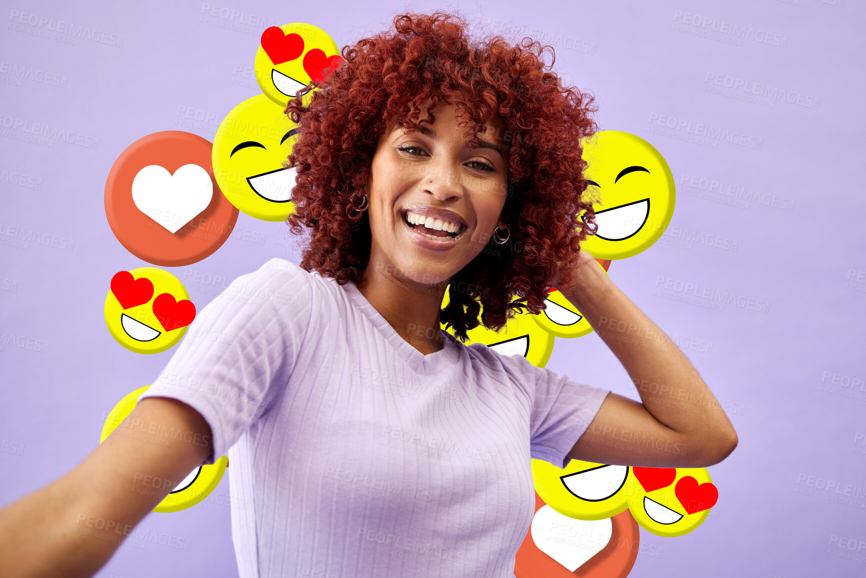 Buy stock photo Selfie of woman influencer, social media and emoji in studio to like, subscribe and review online. Photography, content creation and girl on purple background with notification icon on live stream.