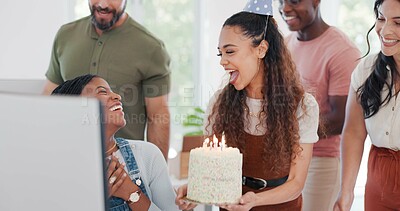 Buy stock photo Birthday, team and celebration for colleague, party and office with cake, team and smile. Singing, support and happiness with employees, appreciation and candles for dessert, cheering and surprise